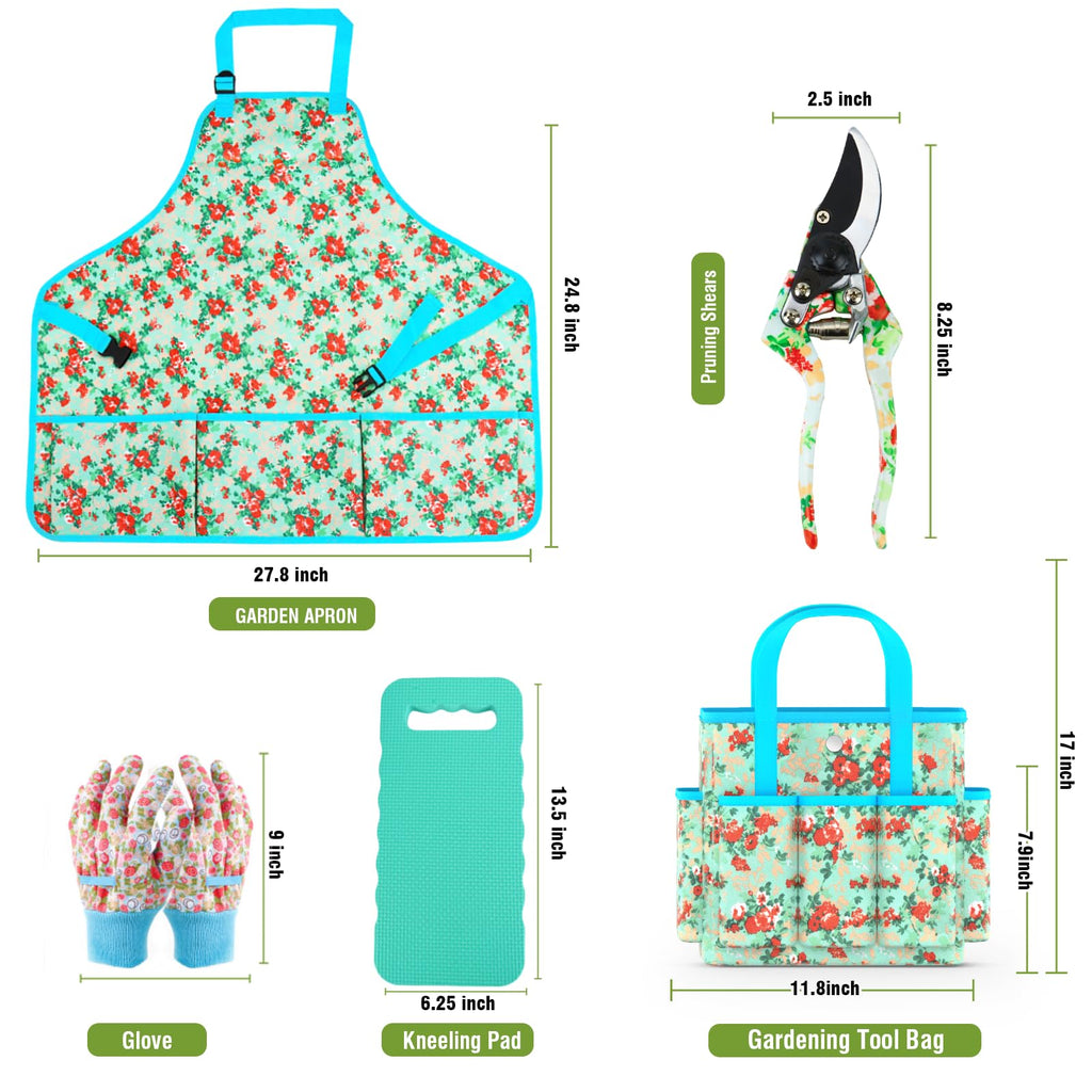 Garden Tools Set, JUMPHIGH 10 PCS Heavy Duty Gardening Tools Includes Hand Trowel Rake Weeder Pruner, Gardening Gifts for Women, Garden Kit with Tote Bag, Apron, Gloves, Kneeling Pad