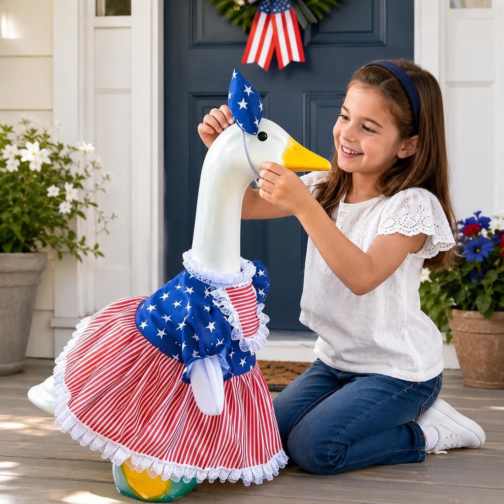 Mysense 4th of July Porch Goose Outfit for 23 Inch Goose Statue, Patriotic Red White Blue Goose Clothes with Bow for Outdoor Garden Patio Decor, USA 250th Anniversary Merchandise