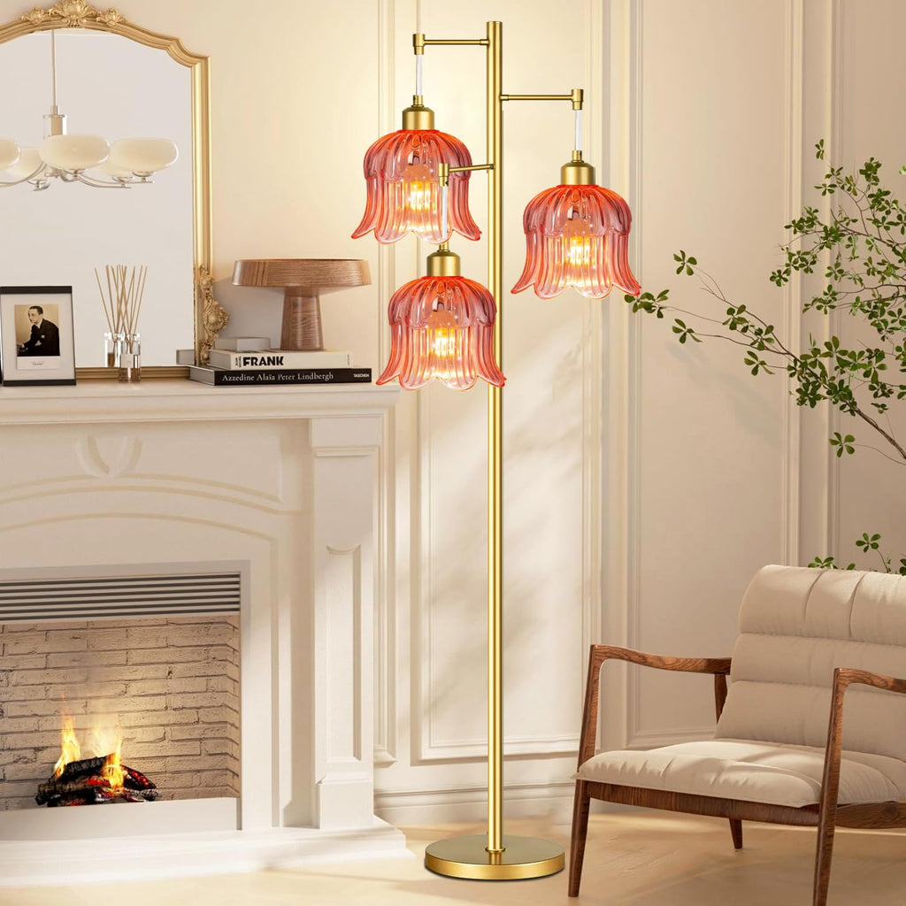 QIYIZM Pink Floor Lamp for Living Room,Bedroom,Gold Mid Century Modern Standing Lamp Brass Tree 3 Light Tall Floor Lamps Floor Lights Glass Flower Lamp Shade Girls Kids Boho Bohemian