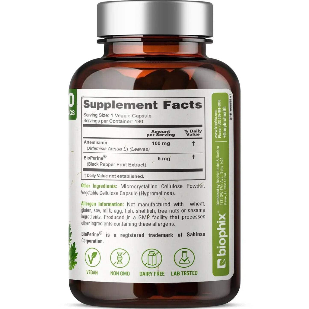 biophix Artemisinin Supplement + BioPerine® 100 mg - 180 Vegan Cap - Maximum Strength Sweet Wormwood Extract - Supports Cellular Health, Antioxidant Balance & Immune Function
