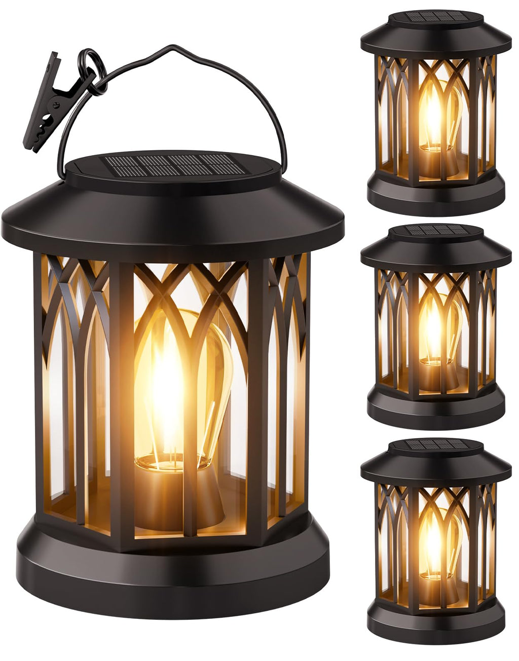 Solar Lanterns Outdoor Waterproof 4-Pack: Hanging Solar Lights for Outside Patio Decor for Garden Bright Black Modern Lanterns Decorative with Clips Gifts for Family Household Newlyweds - Warm Light