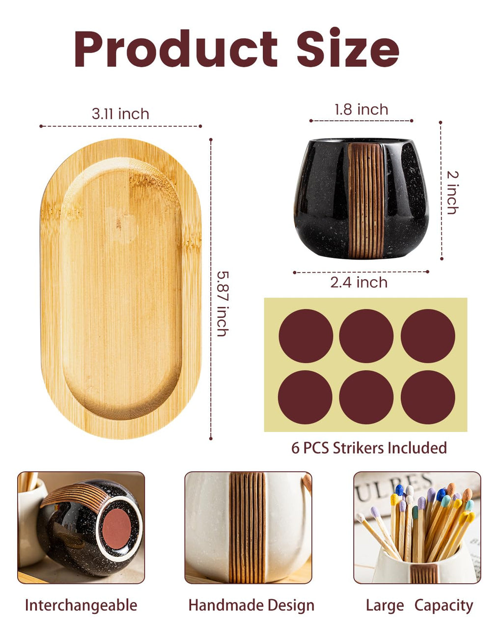 Zoeeker Ceramic Match Holders with Striker - Matchstick Container Set of 2 with Tray for Christmas Bathrooms, Cafes & Modern Homes - Matches NOT Included, Black and White
