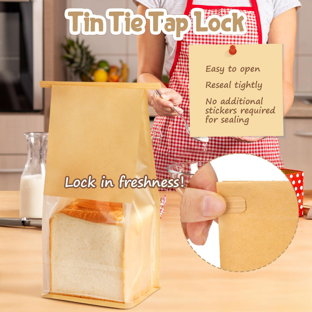 HONKID Bread and Cookie Bags with Seal, 50 Pack 11 x 5.1 x 3.9 Inches Bakery Bags with Window Reusable Tin Tie Tab Lock for Sealed Baked Goods Packaging for Pastry Bagels Breads Treats Cookies Brown