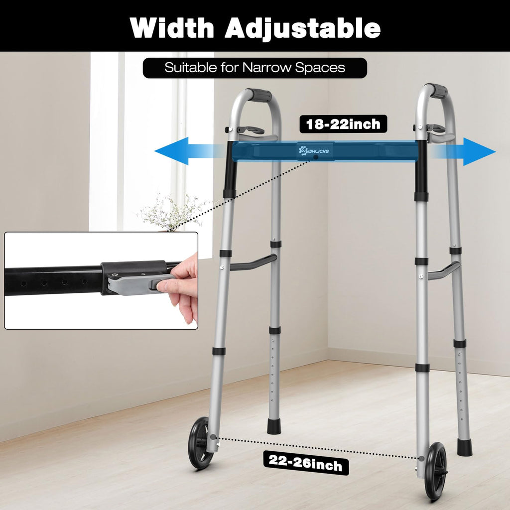 Narrow Folding Walkers for Seniors,Aluminum Lightweight Walkers with Wheels, Adjustable Width and Height Front Wheel Walker for Elderly and Disabled, Supports up to 350 lbs