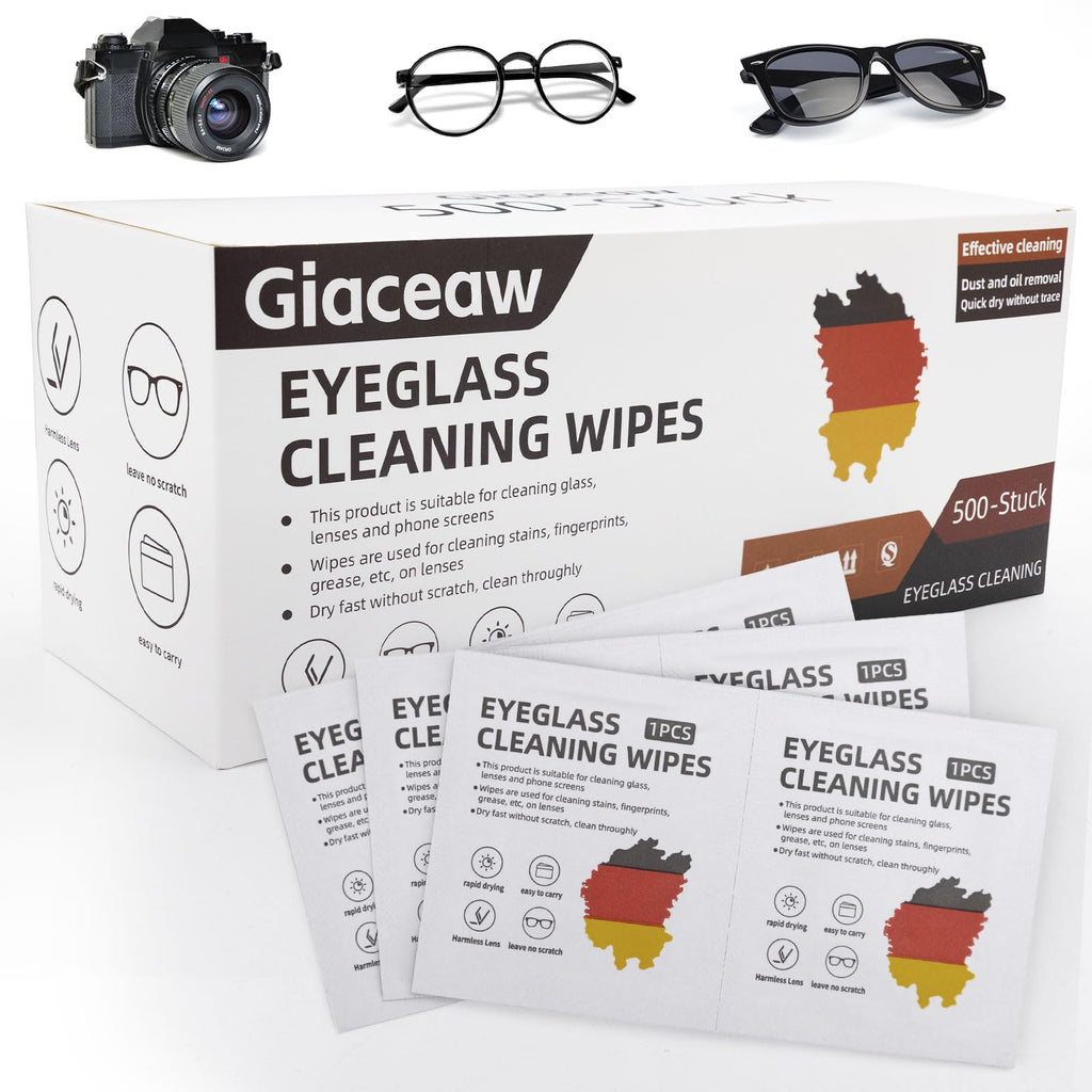 Lens Wipes for Eyeglasses (500 Count), Pre-moistened Cleaning Wipes, Non-Scratching and Streak-Free, Individually Packaged, Suitable for Cleaning Camera Lenses, Sunglasses, and Optical Equipment