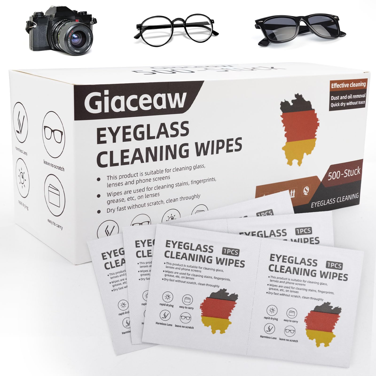Lens Wipes for Eyeglasses (500 Count), Pre-moistened Cleaning Wipes, Non-Scratching and Streak-Free, Individually Packaged, Suitable for Cleaning Camera Lenses, Sunglasses, and Optical Equipment