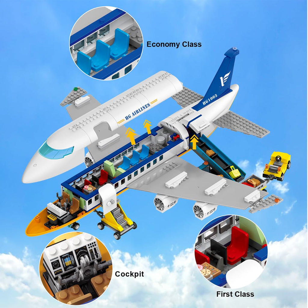 CUBIMANA Large City Passenger Airplane Building Toys with LED Light, 21 Inches Plane Building Sets with 2PCS Luggage Trucks, Terminal, Radar Tower, Birthday Gifts for Kids Boys Girls Age 6-12 (901pcs)