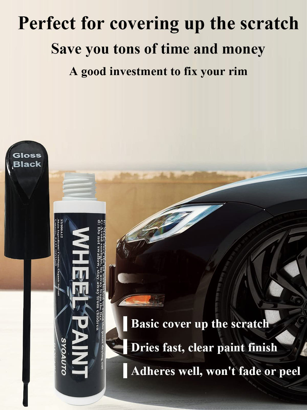 SYOAUTO Gloss Black Rim Touch Up Paint, Car Wheel Scratch Repair Touch Up Paint Pen, Universal Color Rim Wheel Paint (Gloss Black)