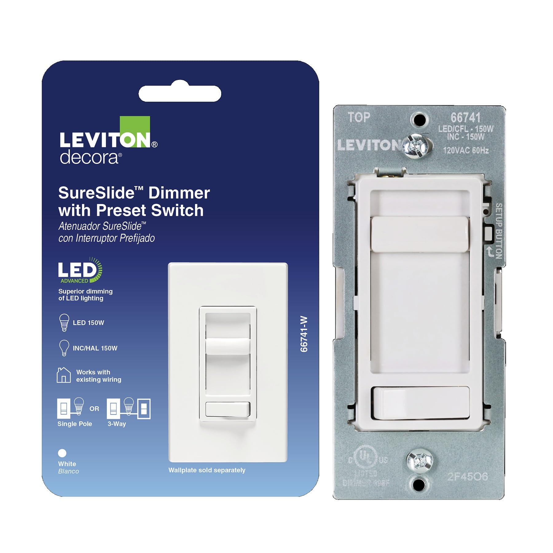 Leviton SureSlide LED Advanced Dimmer Switch for 150W Dimmable LED, Halogen and Incandescent Bulbs and Fixtures, 66741-W, White