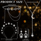 Glenmal 4 Pcs Celestial Jewelry Moon Star Necklace Headband,Silver