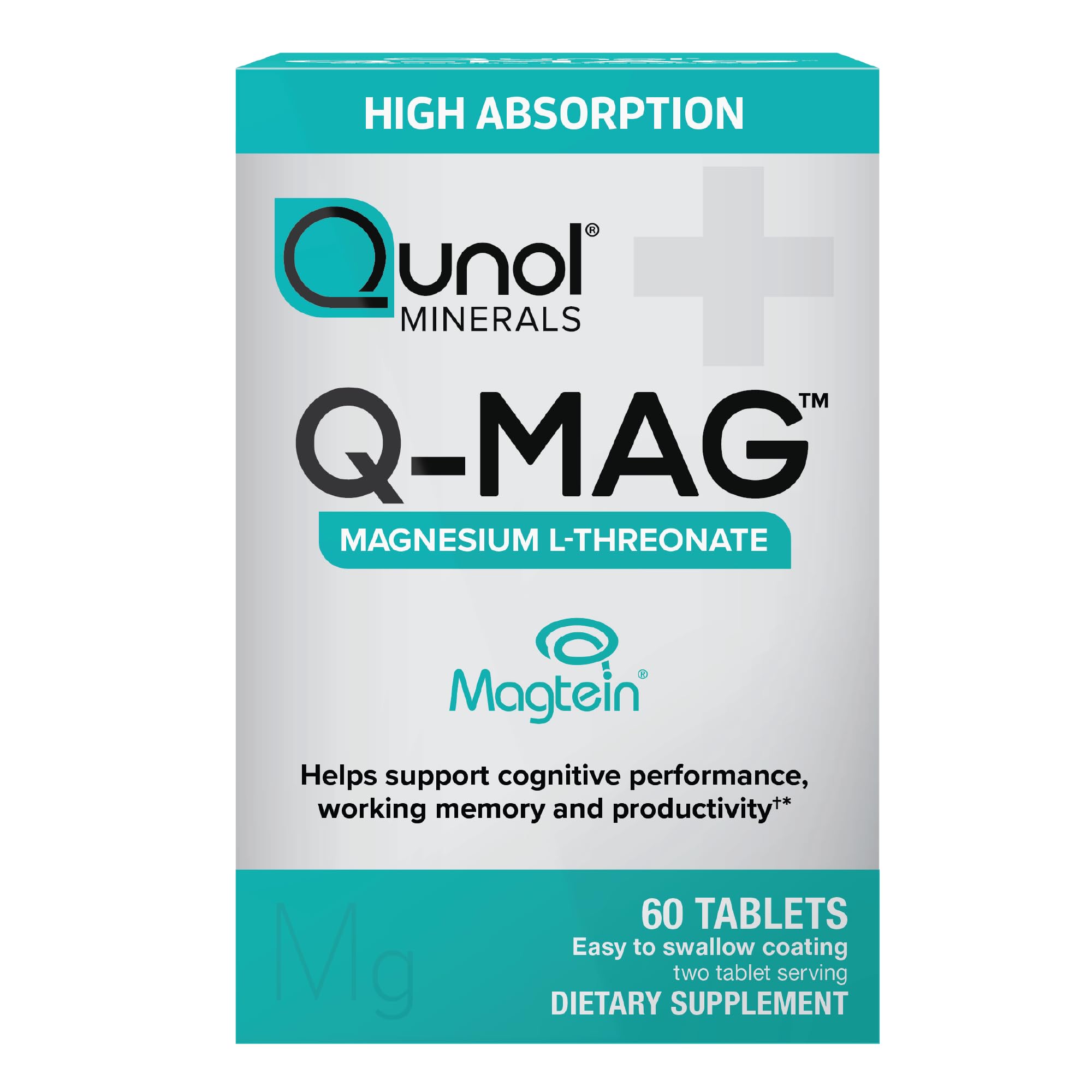 Qunol Q-Mag Magnesium L-Threonate Tablets, 2000mg of Magtein to Help Support Cognitive Performance, Improve Mental Alertness & Productivity, Supports Restful Sleep, High Absorption, 60 Count