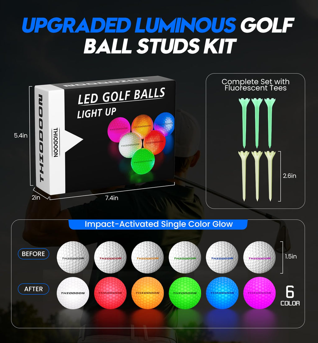 THIODOON Glow in The Dark Golf Balls Light up Led Golf Balls Night Golf Gift Sets for Men Kids Women 6 Pack (6 Colors in one)