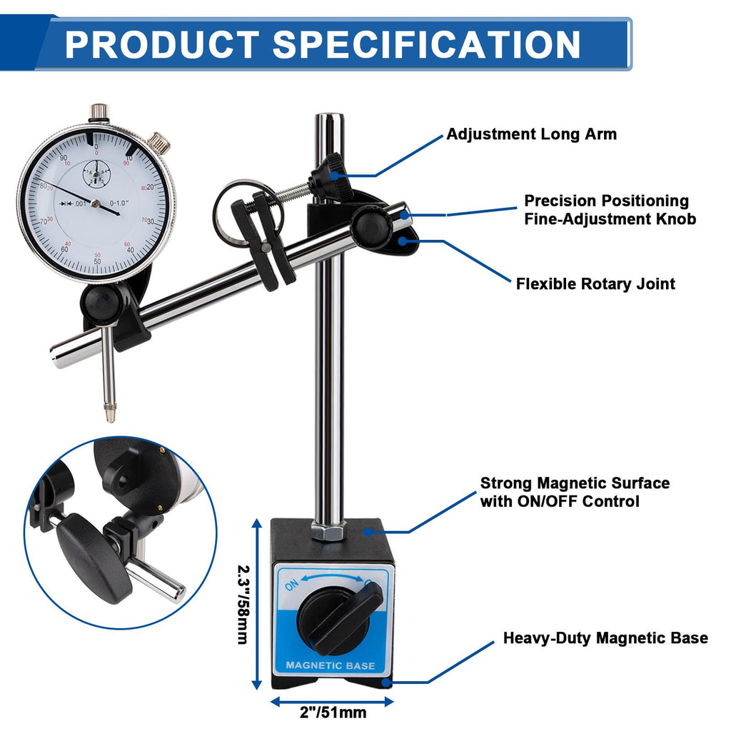 Rpeconu Dial Indicator with Magnetic Base, 0-1"×0.001" Precision Dial Test Indicator Set, Adjustable Long Arm Magnetic Dial Indicator Base Holder for Workshop, Lab & Mold Making