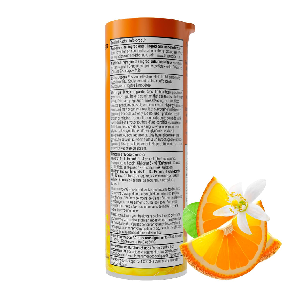 Dex4 Glucose Tablets, Orange, 12-Pack of Dex4 Tubes, 10 Tablets in Each Tube, Each Tablet Contains 4g of Fast-Acting Carbs