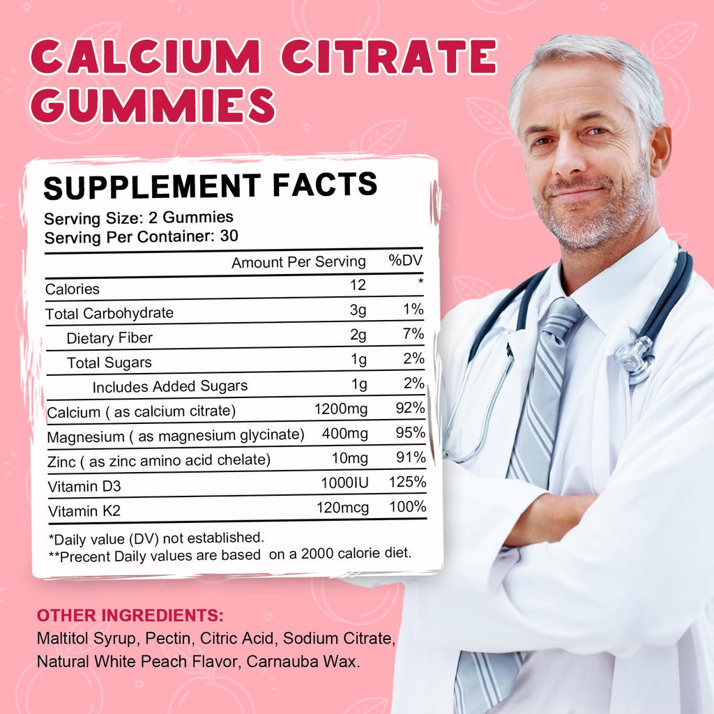 (2 Pack) Calcium Citrate 1200mg with Vitamin D3 Supplements Gummies for Women & Men, Calcium Gummies with Vitamin D3 K2, High Absorption for Bone Muscle Healthy- Peach Flavor- 60 Day Supply