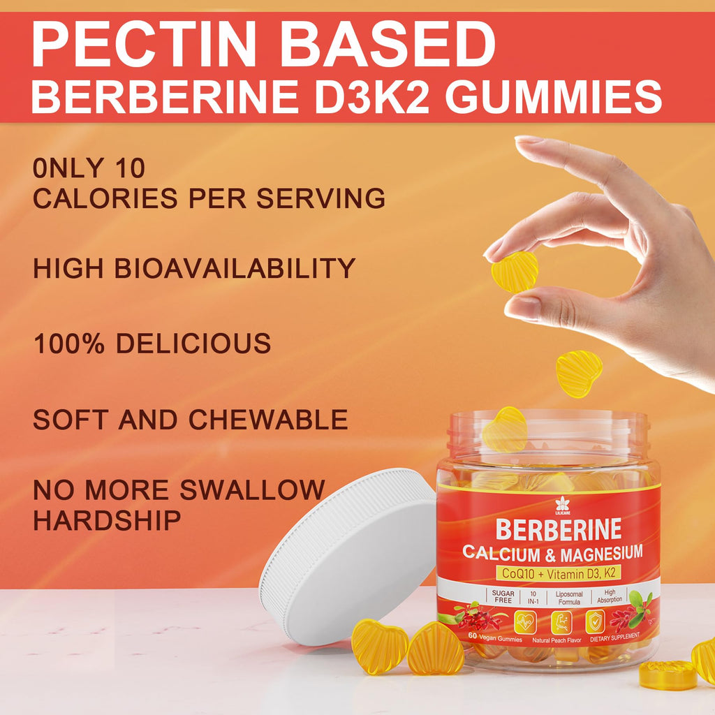 LILICARE Berberine Gummies Sugar Free, Extra Absorption with Liposomal Berberine & Berberine HCI, Calcium, Magnesium, AMPK Activitor for Sugar & Level, Energy, Metabolism,Vegan, Pack of 1