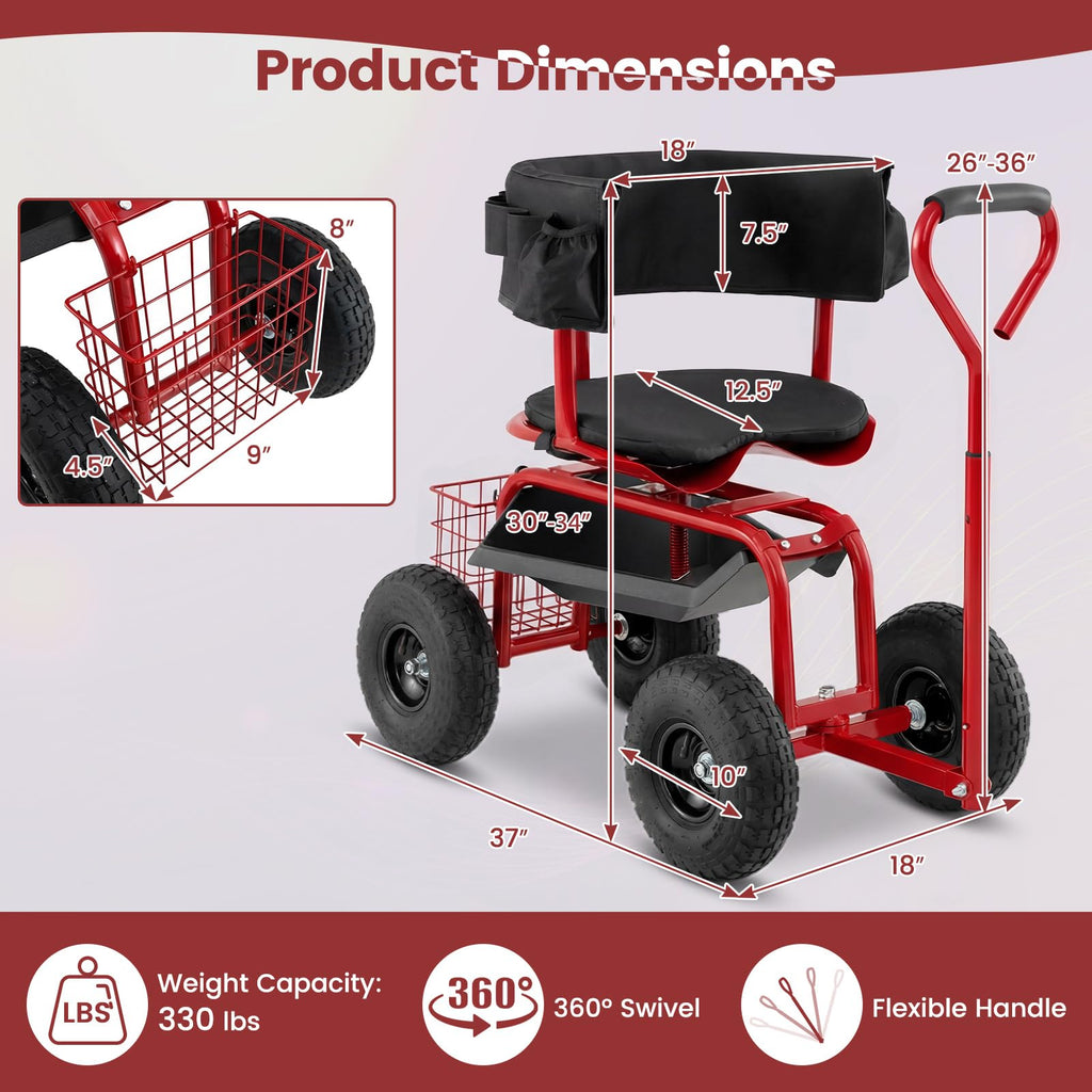 Goplus Garden Seat with Wheels, Rolling Gardening Stool with Adjustable 360° Swivel Seat, Tool Tray & Storage Basket, Extendable Handle, Outdoor Gardening Scooter, Garden Cart Workseat for Seniors