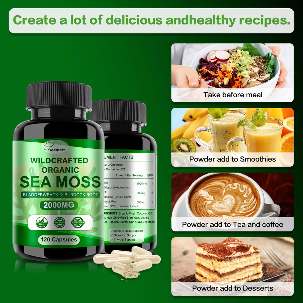 Fleamart Irish Sea Moss Capsules 120ct Raw Sea Moss Wildcrafted Bladderwrack Burdock Root Capsules Super Food Immune System Digestive Health Sea Moss Pills