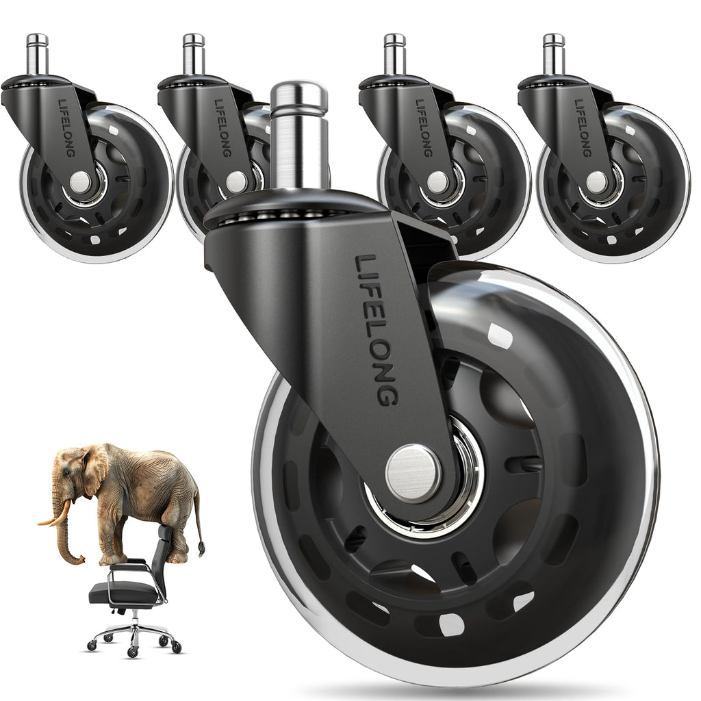 Lifelong Original Office Chair Wheels (As Seen On CNN) Replacement Rubber Chair Casters for Hardwood Floors and Carpet, Set of 5, Heavy Duty Casters for Chairs to Replace Office Chair Mats - Fits 98%