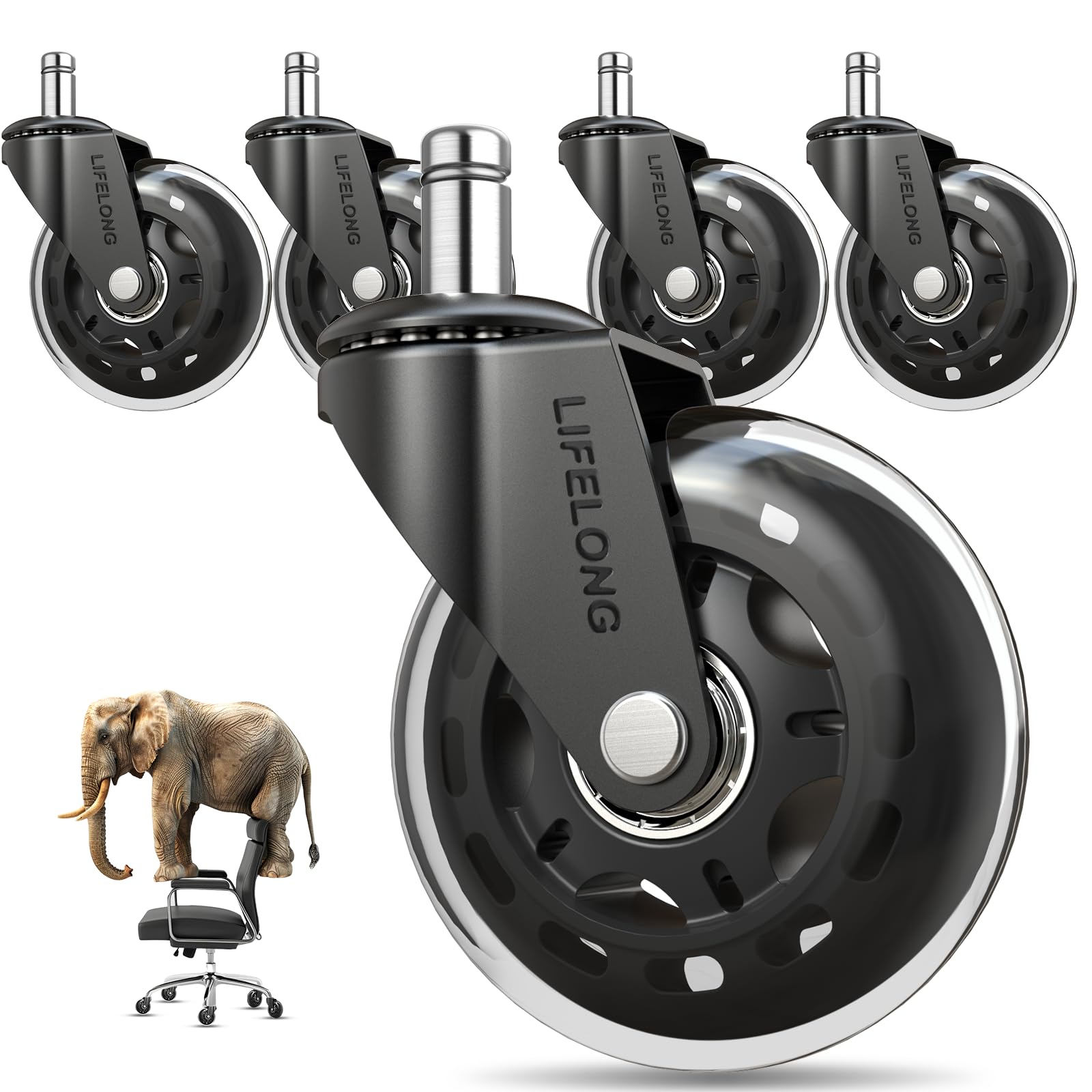 Lifelong Original Office Chair Wheels (As Seen On CNN) Replacement Rubber Chair Casters for Hardwood Floors and Carpet, Set of 5, Heavy Duty Casters for Chairs to Replace Office Chair Mats - Fits 98%