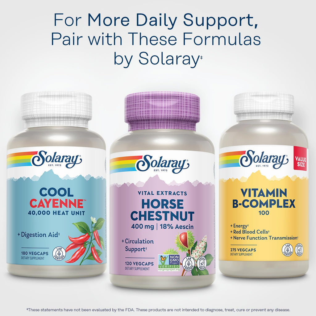 SOLARAY Horse Chestnut Extract 400 mg - Standardized to 72 mg Aescin - with 55 mg of Butchers Broom - Vein and Blood Circulation Supplements - Vegan, Non-GMO, 60-Day Guarantee, 120 Serv, 120 VegCaps