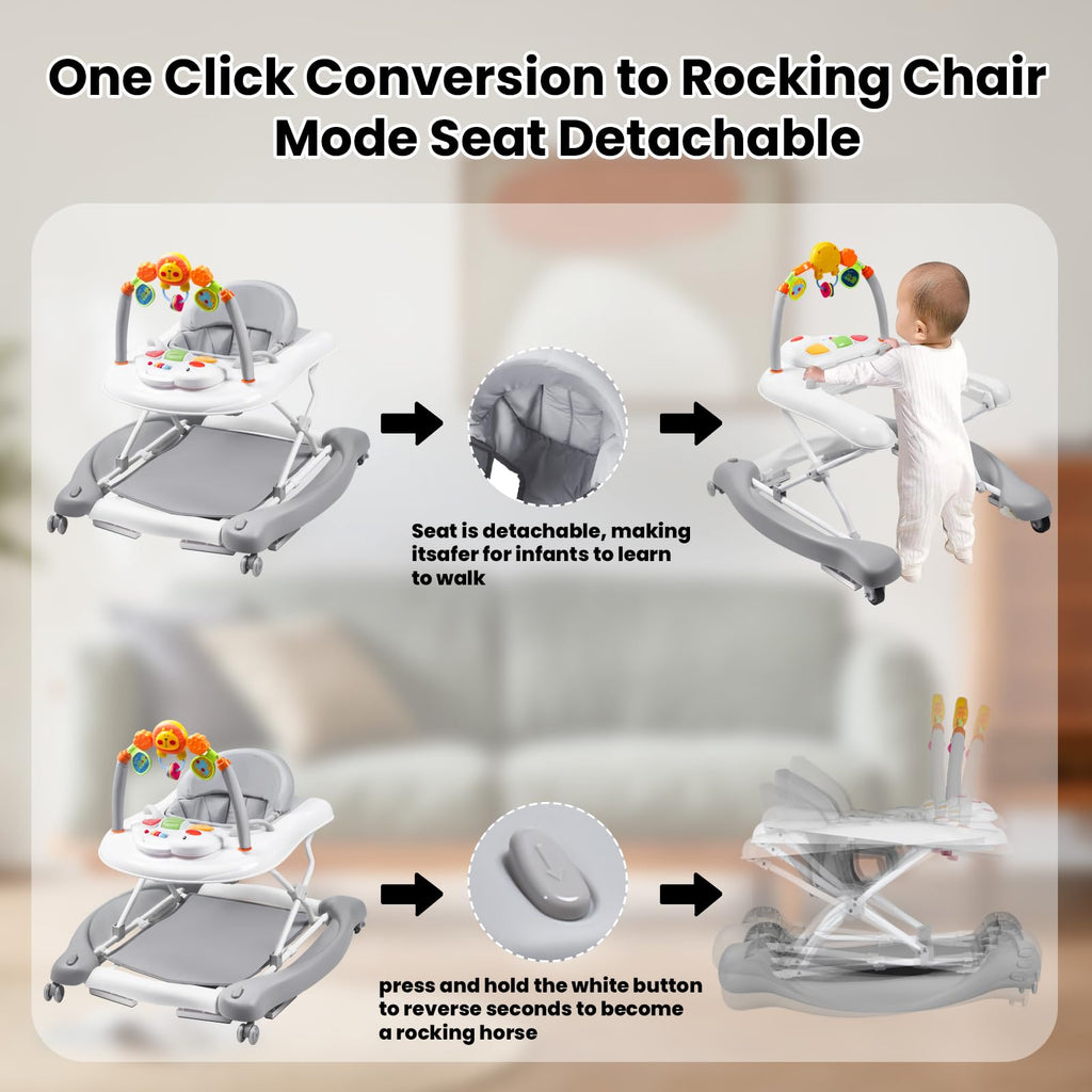 Boyro Baby Baby Walker, 5-in-1 Baby Walkers for Boys and Girls 6-12 Months with Bouncer, Removable Footrest, Feeding Tray & Music, Foldable & Adjustable Activity Walker for 6-18 Months Toddler Infant