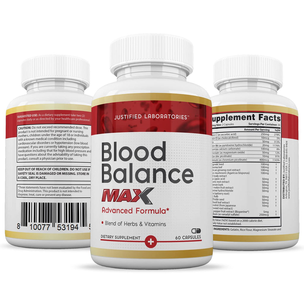 Justified Laboratories Blood Balance Max - 60 Capsules, Pack of 2 - Advanced Circulatory Support Formula with a Blend of Herbs & Vitamins - 60 Servings