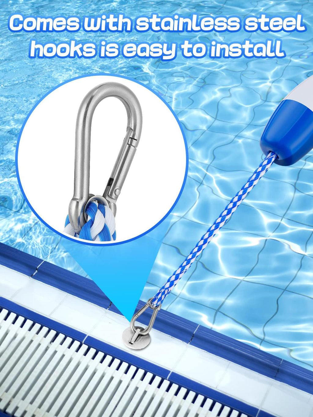 Aulock 16Ft Pool Safety Rope with Floats - Effective Visibility Floating Rope Divider Barrier with Pre-Assembled Stainless Steel Hooks for Indoor and Outdoor Swimming Pool Separating Depth