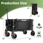 EAYNON 38" L Collapsible Foldable Extended Wagon,440lbs Weight Capacity with 220L Heavy Duty Folding Cart, Utility Wagon with Side Storage Pockets& Drink Holders,Black