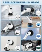 Electric Spin Scrubber, Rechargeable with Upgraded Battery & Extended Runtime, IPX7 Cleaning Brush, 3000mAh Battery 7 Brush Heads 2-Speed Adjustable Long Handle for Bathroom & Tile Floor Cleaning
