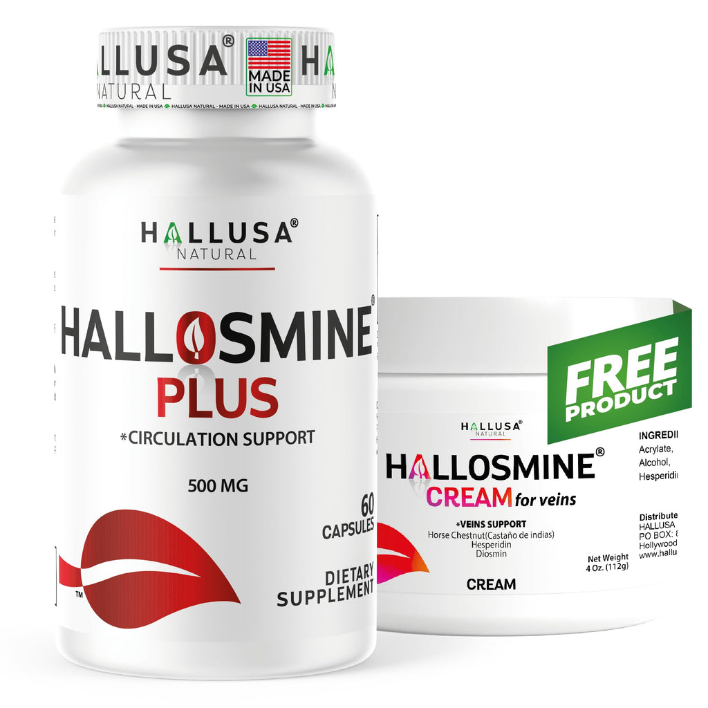 Hallusa Natural Hallosmine Plus Diosmin 500mg + Bonus Leg Cream | Circulation & Vein Support for Swelling & Heavy Legs, Lymphatic Drainage, Blood Flow, Vascular Health & Visible Veins, 60 Capsules