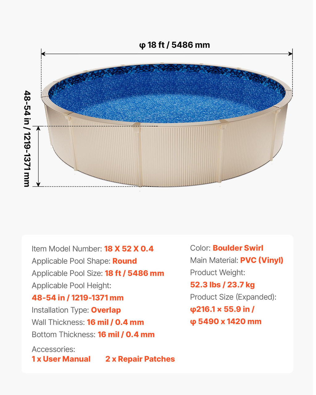 VEVOR 18-ft Round Above Ground Pool Liner, Overlap Pool Liners, Thickend Upgraded Gauge Vinyl, 48-to-54inch Wall Height, Designed for Steel Sided Above-Ground Swimming Pools