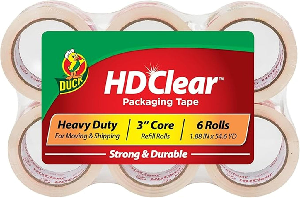 Duck HD Clear Heavy Duty Packing Tape Refill Rolls, 2 in Wide, 6 Rolls