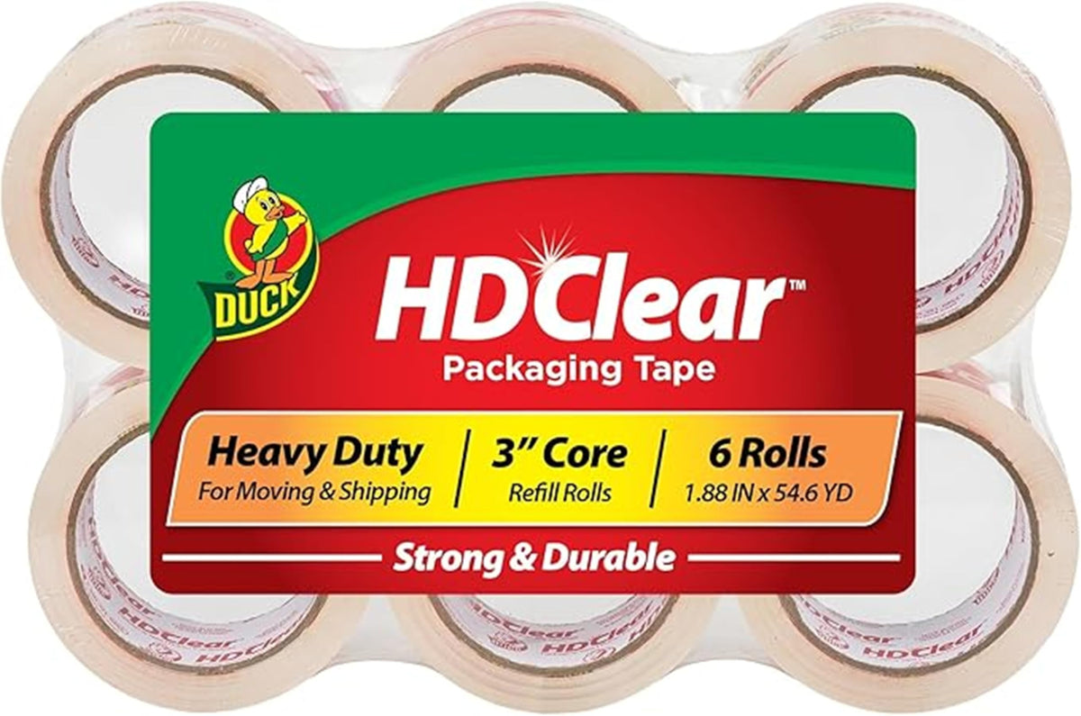 Duck HD Clear Heavy Duty Packing Tape Refill Rolls, 2 in Wide, 6 Rolls