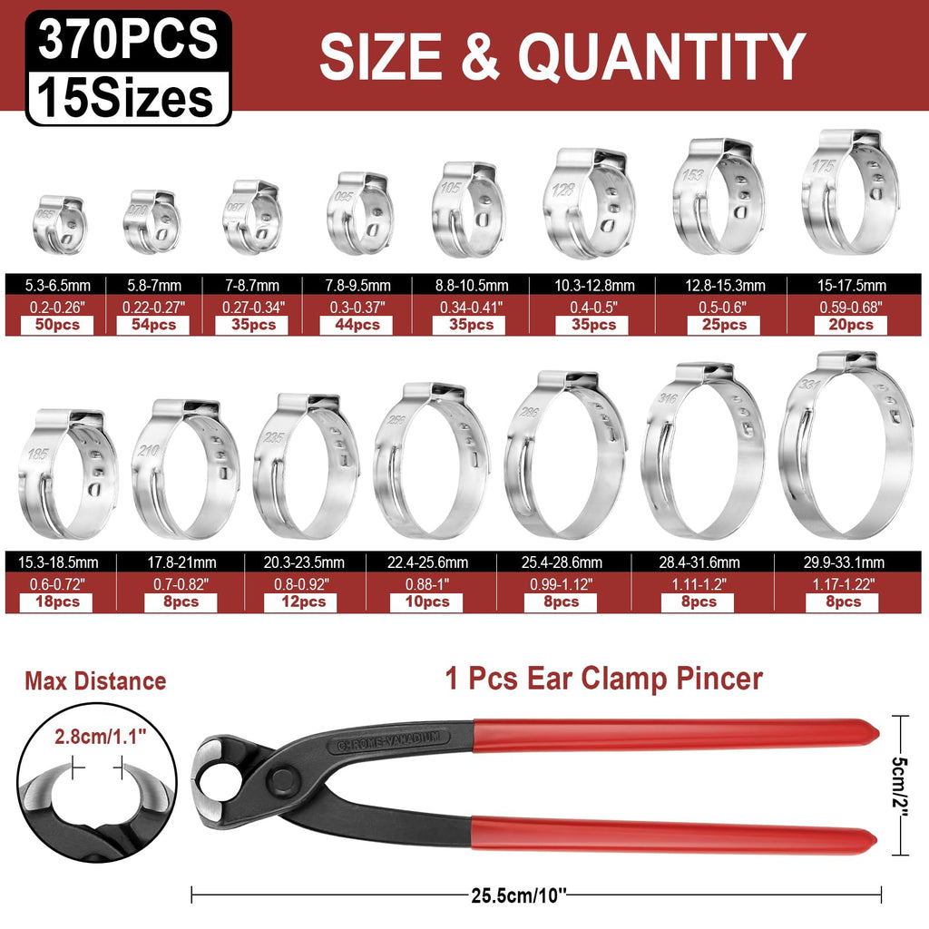 Hydencamm 370PCS 15 Sizes Single Ear Hose Clamps, 5.3-33.1mm 304 Stainless Steel Crimp Hose Clamps, Stepless Adjustable Cinch Clamps for Automotive, Home Appliance Line, Plumbing and Industrial Use