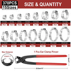 Hydencamm 370PCS 15 Sizes Single Ear Hose Clamps, 5.3-33.1mm 304 Stainless Steel Crimp Hose Clamps, Stepless Adjustable Cinch Clamps for Automotive, Home Appliance Line, Plumbing and Industrial Use