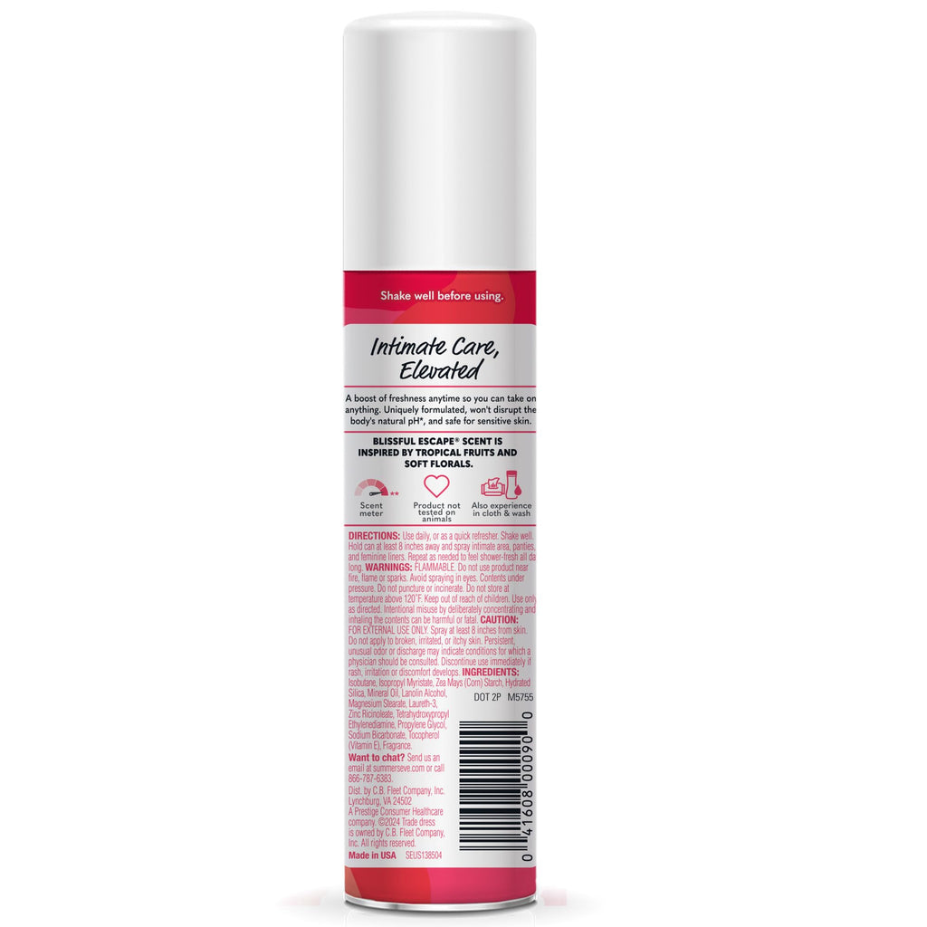Summer's Eve Daily Refreshing Feminine Spray, Blissful Escape, Daily Body Spray for Women, Feminine Care that Neutralizes & Reduces Body Odor, Gynecologist-Tested, 2 oz