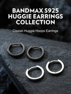 Bandmax Mens Black Small Huggie Hoop Earrings 925 Sterling Silver 10mm Round Huggy Ear Hoops Aretes Negros para Hombre Silver Ears Jewelry Gift for Women Men