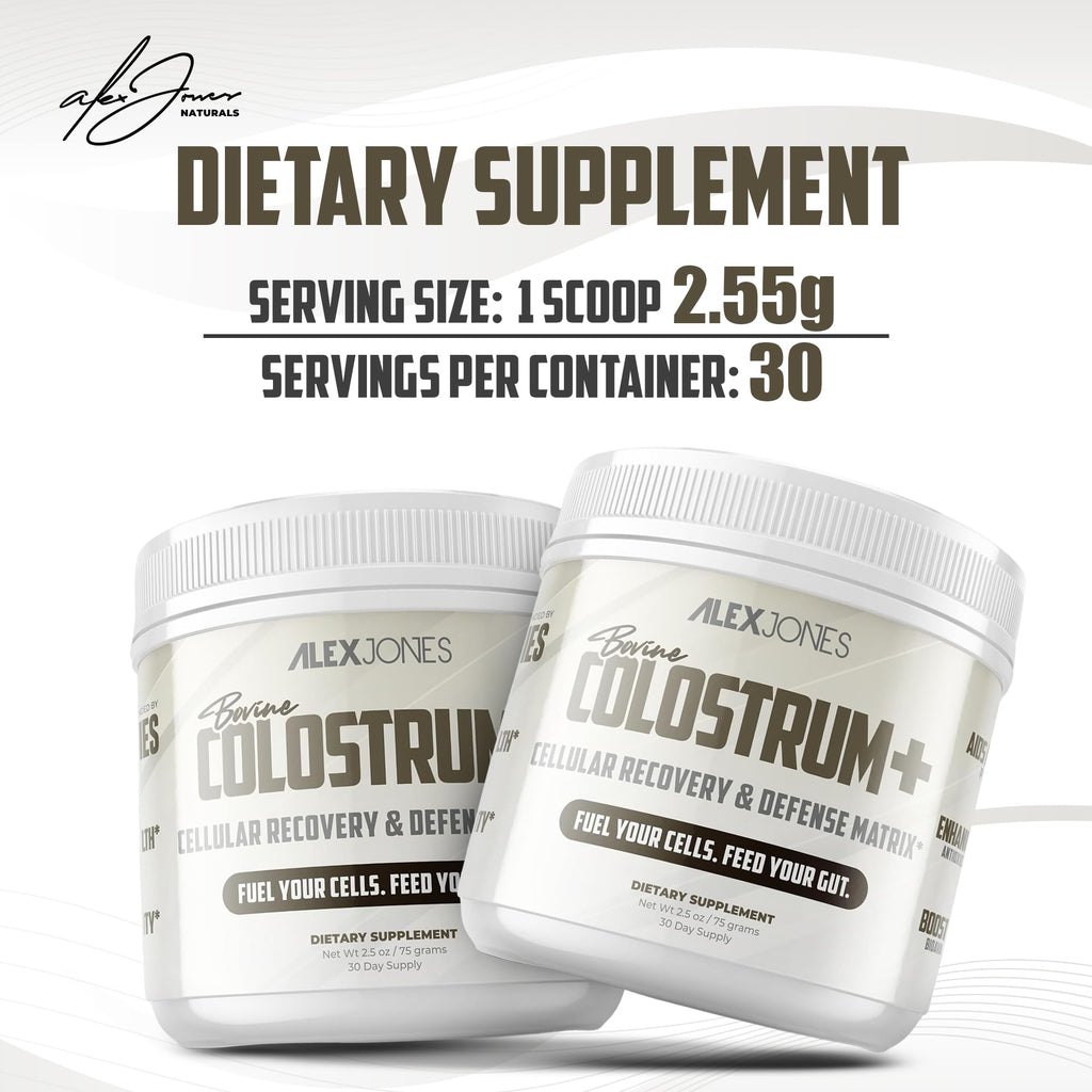 Alex Jones Naturals Bovine Colostrum Powder 20% IgG with IgM & IGA – Gut Health & Immune Support Supplement with Lactoferrin & Marshmallow Root – Non-GMO, GMP Certified, Made in USA – 30 Servings