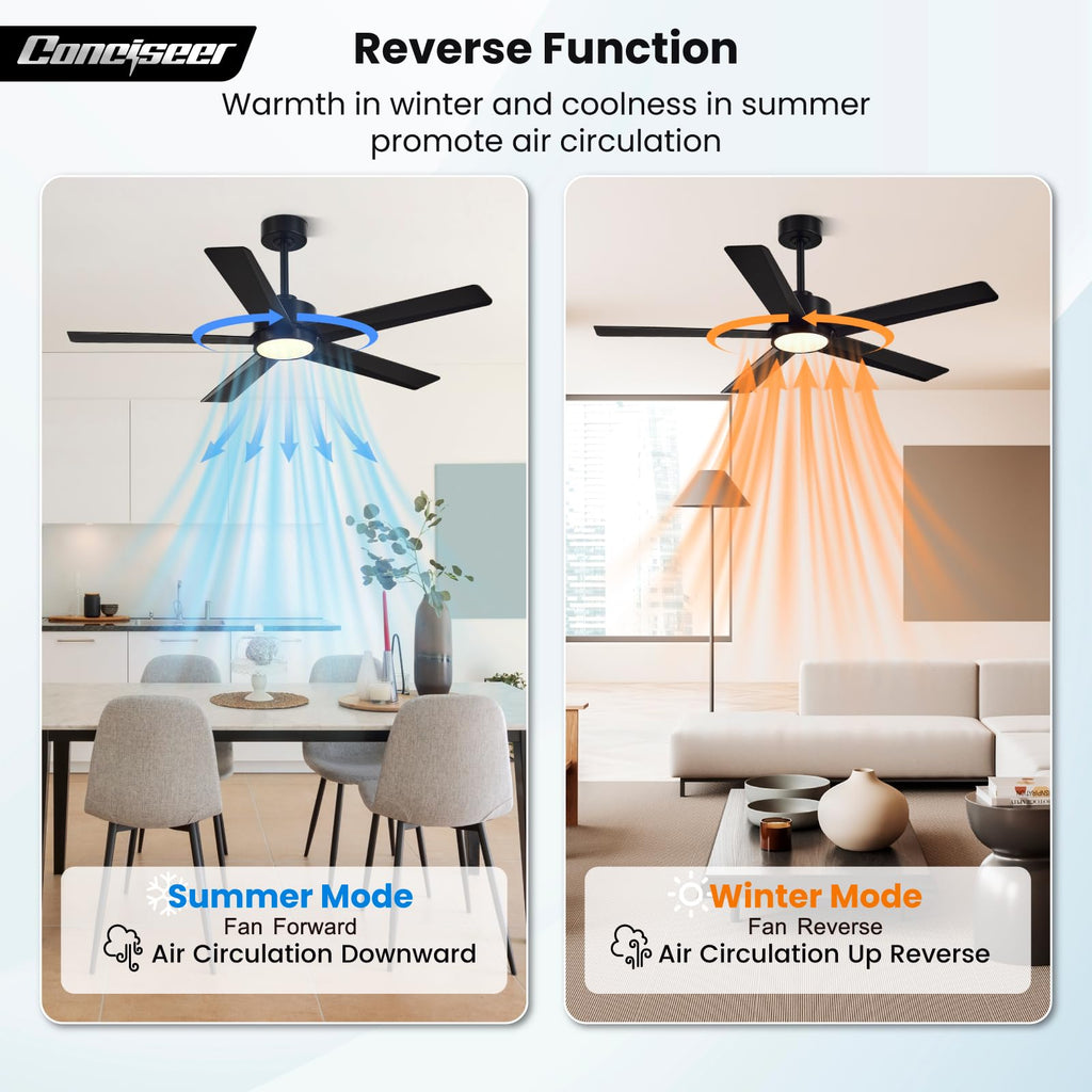 Conciseer Modern Ceiling Fans with Lights,52 Inch Ceiling Fans with Remote for Bedroom Living Room Kitchen, 18W 6CCT Dimmable，5 Blades 6 Speed Reversible Quiet DC Motor Black