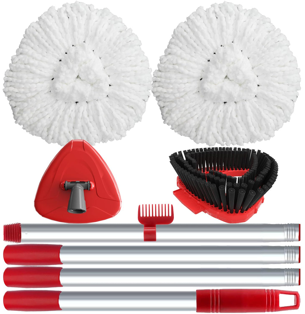 Spin Mop Head Replace Compatible with O Cedar EasyWring 1 Tank, Upgraded Scrub Brush and Base, 2 Microfiber Mop Replacement Head, 1 Handle, Easy to Install Attachments