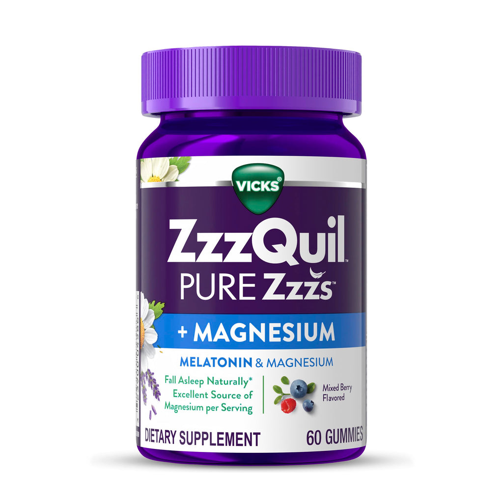ZzzQuil Pure Zzzs + Magnesium, Sleep Aid, Magnesium Citrate and Melatonin Gummies, Melatonin 2mg, Sleep Aids for Adults, Mixed Berry Flavored, 60 Sleep Gummies