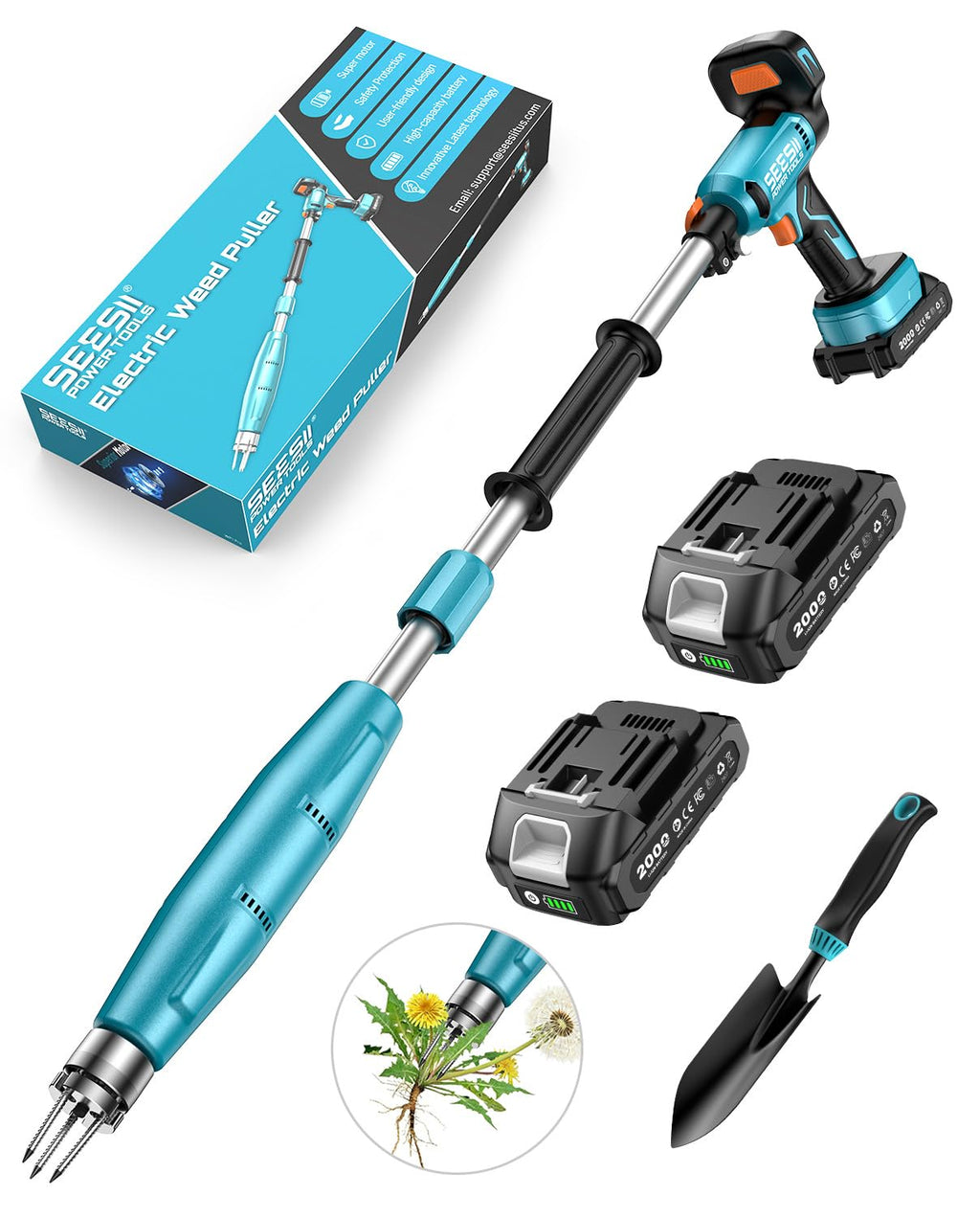 SEESII Electric Stand-Up Weed Puller, Steel 3-Claw Spiral, 40"-47" Handle
