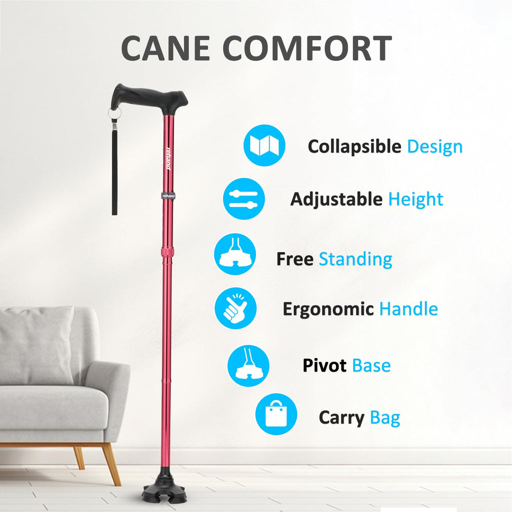REHAND Walking Cane for Men & Women - Foldable, Adjustable, Lightweight, Self Standing Pivot Walking Cane, Soft Handle Grip, with Travel Bag, Walking Sticks for Seniors & Adults (Red)