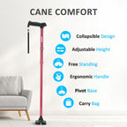 REHAND Walking Cane for Men & Women - Foldable, Adjustable, Lightweight, Self Standing Pivot Walking Cane, Soft Handle Grip, with Travel Bag, Walking Sticks for Seniors & Adults (Red)