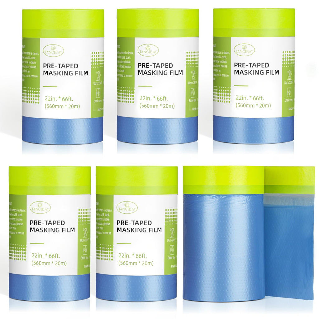 Tangibay Pre-Taped Masking Film for Painting - 22" x 66' Painters Plastic Sheeting with Automotive Paint Tape and Drape for Covering Cars, Walls, Windows and Furniture Protection (6 Rolls)