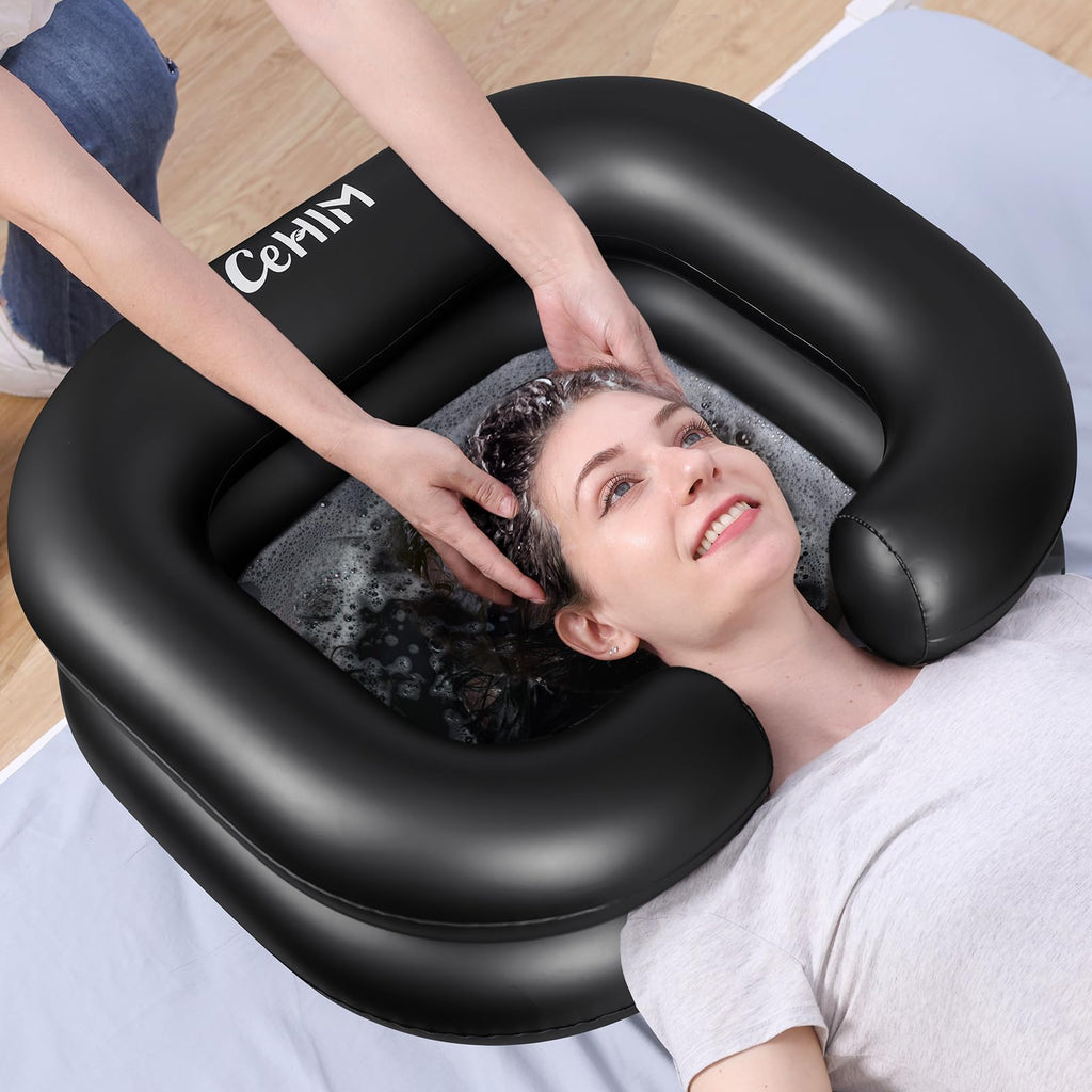Cehim Inflatable Shampoo Basin - Portable Shampoo Bowl, Hair Washing Basin for Bedridden, Disabled,Injured, Hair Wash Tub for Dreadlocks and at Home Sink Washing (Black, 15in Inner)