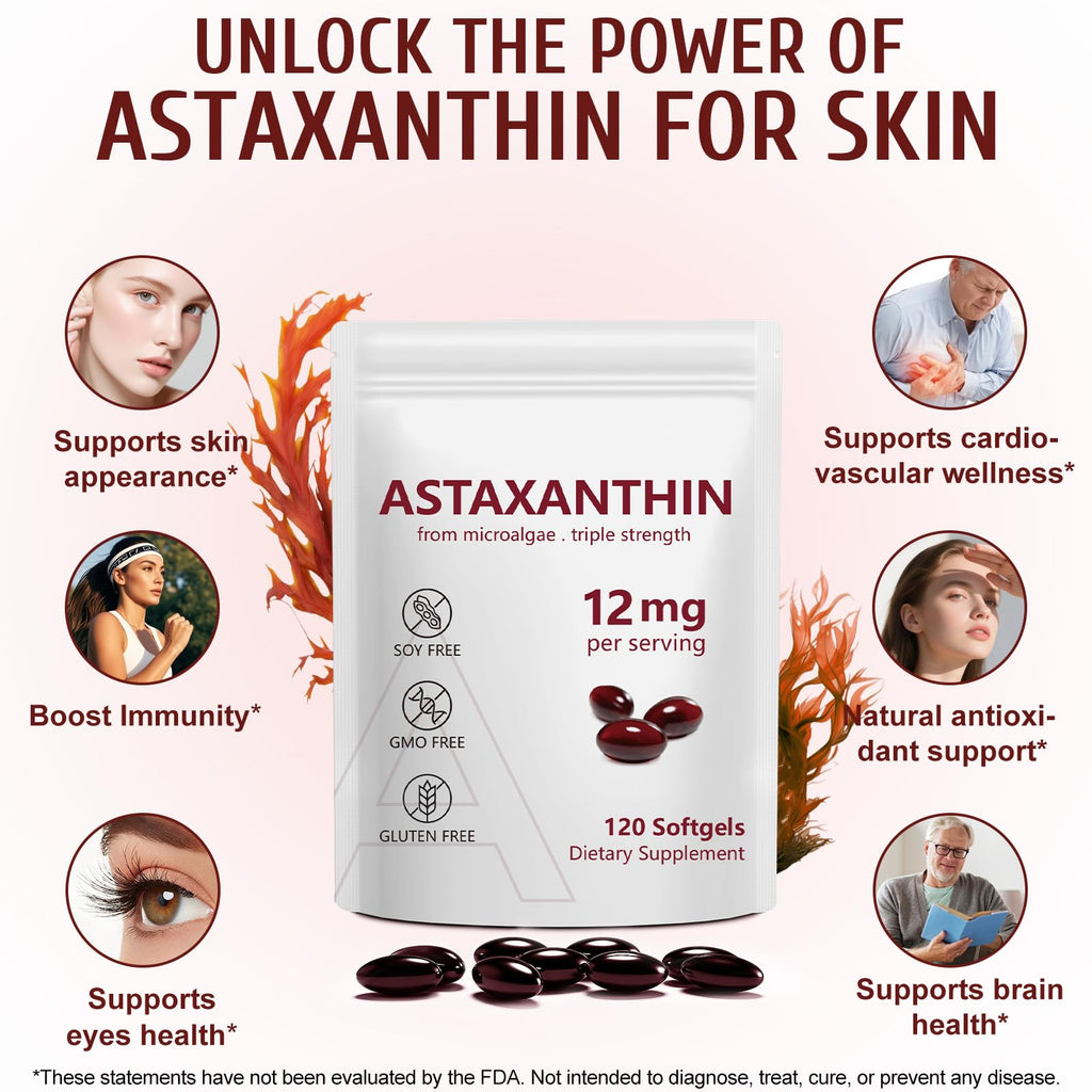 2 Pack Astaxanthin 12mg,Premium Astaxanthin Antioxidant Supplements with Antioxidant Activity, Supports Eye, Immune, Joint, Skin Health, Internal Circulation