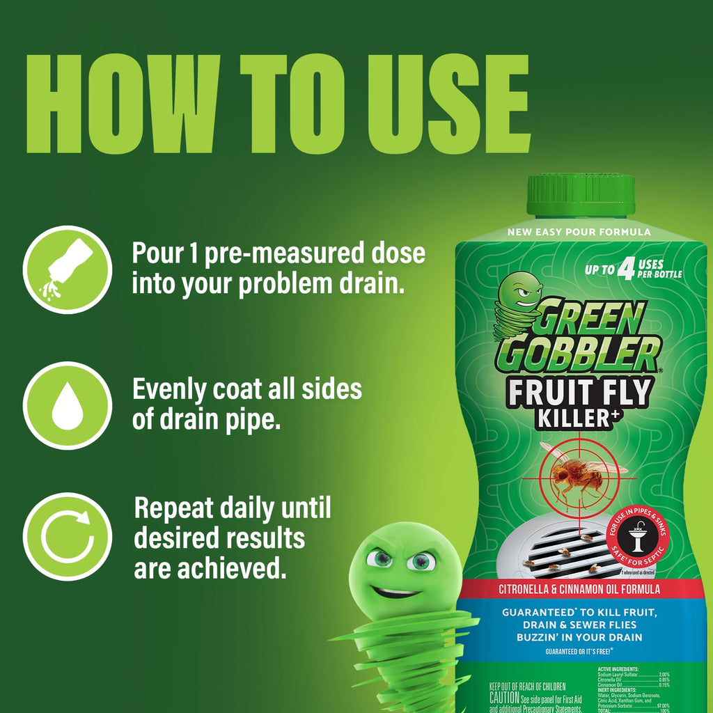 Green Gobbler Fruit Fly Killer+ - Kills Fruit Flies, Drain Flies & Sewer Flies, Gel Treatment for Use in Sinks & Pipes - Safe for Septic Systems, 32oz - Up to 8 USES (2 Pack)