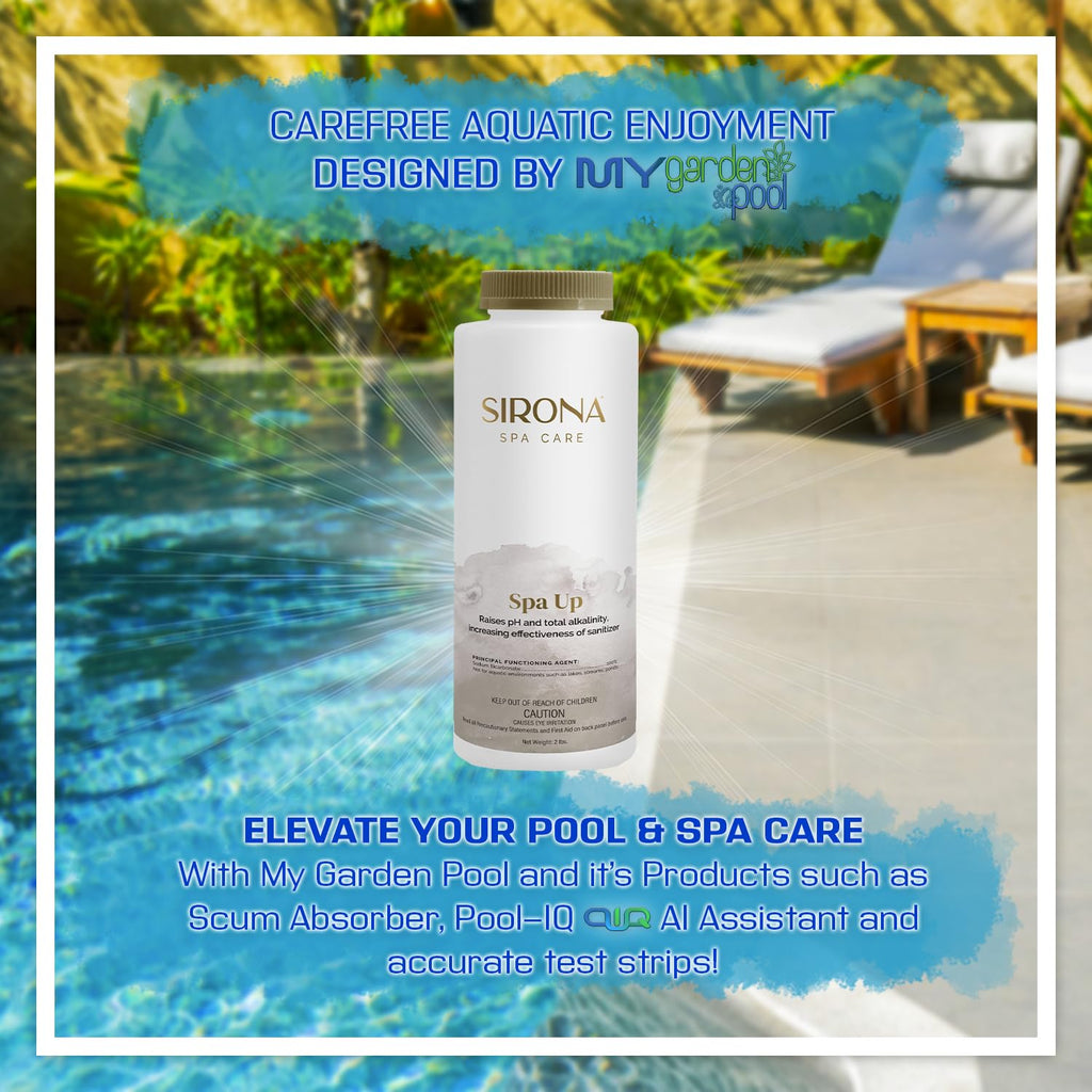 Sirona 82100 Spa Up, 2 LBS – Includes My Garden Pool 20 Ct. Test Strips & Scum Sponge – Raises pH & Alkalinity for Balanced & Clear Spa Water